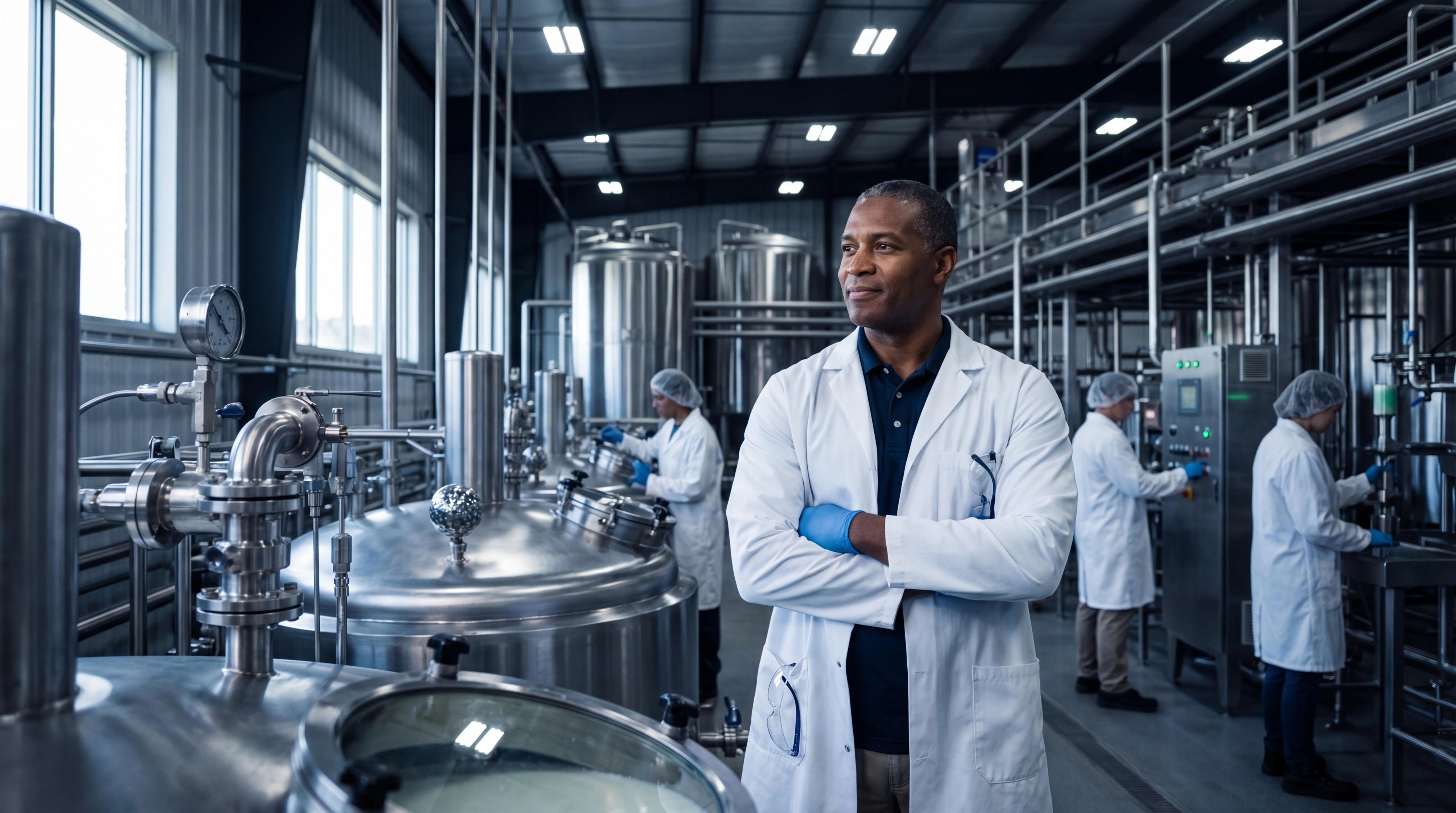 Plant director overseeing dairy processing facility with quality testing equipment