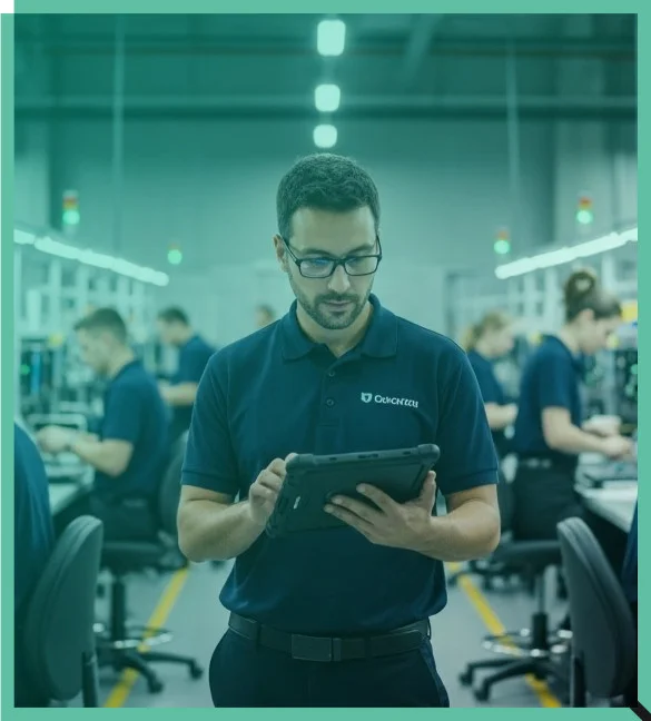 Operations team member referencing digital instructions on a tablet.